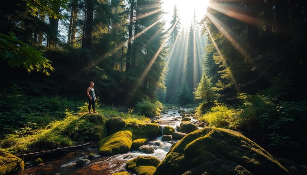 Forest bathing practice in natural woodland setting Forest bathing practice in natural woodland setting