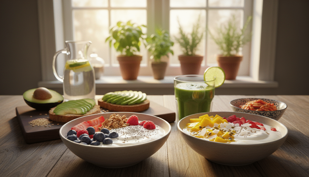 A serene morning kitchen scene showcasing a healthy breakfast spread focused on gut-friendly foods. In the foreground, a wooden table is adorned with bright, colorful bowls of yogurt topped with fresh berries, chia seeds, and granola, alongside a refreshing green smoothie in a clear glass. In the middle, a cutting board features sliced avocado, whole-grain toast with a sprinkle of flax seeds, and a small dish of fermented kimchi. The background shows a sunlit window illuminating herbs such as basil and mint, creating a warm, inviting atmosphere. Soft, natural lighting enhances the freshness of the ingredients, while a wide-angle lens captures the vibrancy of the colors, evoking a sense of health and vitality.