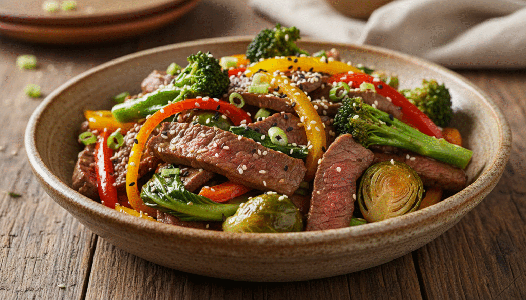 A vibrant and appetizing grass-fed beef stir-fry plated beautifully in a rustic bowl, showcasing tender slices of marbled beef alongside a colorful medley of steamed broccoli, bell peppers in red, yellow, and orange, and other cruciferous vegetables such as bok choy and Brussels sprouts. The stir-fry glistens with light soy sauce and sesame oil, garnished with sesame seeds and fresh green onions. Set against a warm, wooden table backdrop, the ambient lighting creates a cozy, inviting atmosphere, highlighting the rich colors and textures of the ingredients. A shallow focus on the dish emphasizes its detail, while a soft bokeh effect blurs the background, giving it a refined, culinary-focused composition. The mood is wholesome and nourishing, evoking a sense of health and vitality, perfect for a meal that emphasizes the benefits of functional foods. A vibrant and appetizing grass-fed beef stir-fry plated beautifully in a rustic bowl, showcasing tender slices of marbled beef alongside a colorful medley of steamed broccoli, bell peppers in red, yellow, and orange, and other cruciferous vegetables such as bok choy and Brussels sprouts. The stir-fry glistens with light soy sauce and sesame oil, garnished with sesame seeds and fresh green onions. Set against a warm, wooden table backdrop, the ambient lighting creates a cozy, inviting atmosphere, highlighting the rich colors and textures of the ingredients. A shallow focus on the dish emphasizes its detail, while a soft bokeh effect blurs the background, giving it a refined, culinary-focused composition. The mood is wholesome and nourishing, evoking a sense of health and vitality, perfect for a meal that emphasizes the benefits of functional foods.