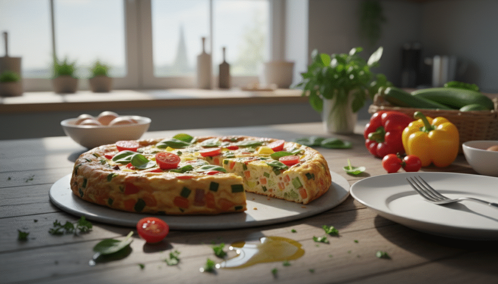 A vibrant and nutrient-dense vegetable frittata beautifully arranged on a rustic wooden table, showcasing fresh spinach, bell peppers, cherry tomatoes, and aromatic basil leaves. The frittata is sliced into wedges to reveal its fluffy interior, filled with colorful vegetables. In the foreground, sprinkle of herbs and a drizzle of olive oil enhance the presentation. The middle ground features a light, airy kitchen with soft natural sunlight streaming through a window, casting gentle shadows. A simple white plate and a fork are nearby, inviting and ready for a serving. In the background, hints of fresh ingredients—like eggs, and garden vegetables—are artfully displayed, creating a cozy and healthful atmosphere, evoking a sense of wholesome nourishment. A vibrant and nutrient-dense vegetable frittata beautifully arranged on a rustic wooden table, showcasing fresh spinach, bell peppers, cherry tomatoes, and aromatic basil leaves. The frittata is sliced into wedges to reveal its fluffy interior, filled with colorful vegetables. In the foreground, sprinkle of herbs and a drizzle of olive oil enhance the presentation. The middle ground features a light, airy kitchen with soft natural sunlight streaming through a window, casting gentle shadows. A simple white plate and a fork are nearby, inviting and ready for a serving. In the background, hints of fresh ingredients—like eggs, and garden vegetables—are artfully displayed, creating a cozy and healthful atmosphere, evoking a sense of wholesome nourishment.