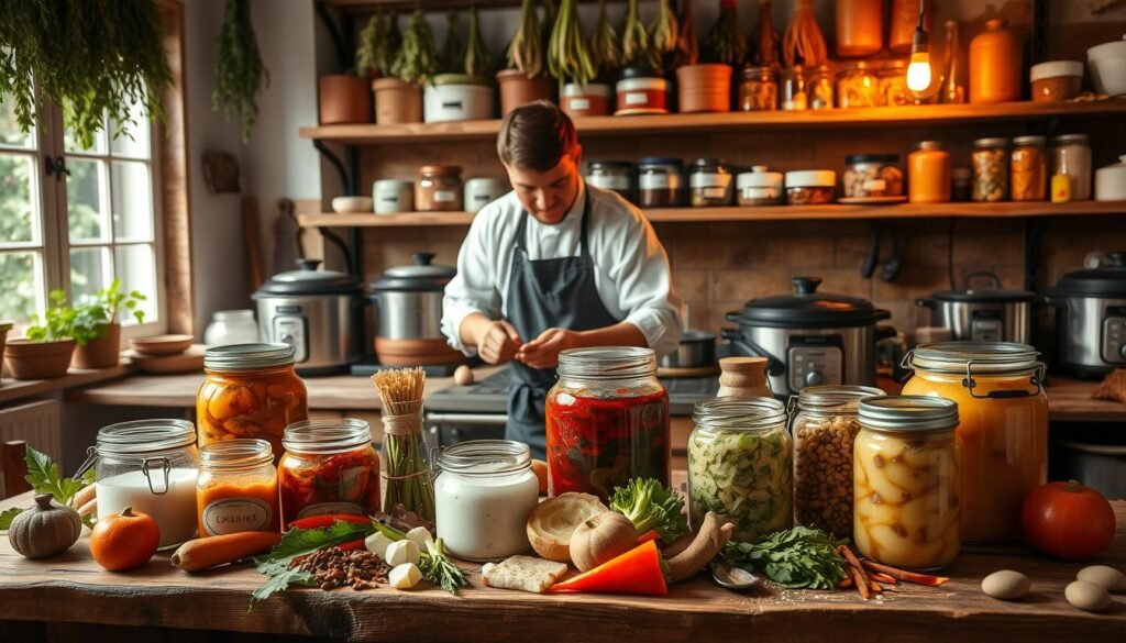 A vibrant, multicultural kitchen scene illustrating traditional fermentation techniques from around the world. In the foreground, a wooden table adorned with colorful fermenting jars containing kimchi, kefir, sauerkraut, and miso, surrounded by fresh vegetables and spices common to each cuisine. The middle ground features a skilled artisan in professional attire carefully crafting fermented foods, showcasing their expertise and passion. In the background, shelves filled with various fermentation crock pots and containers, with herbs hanging to dry, creating a cozy, inviting atmosphere. Soft, warm lighting filters through a window, casting gentle shadows and highlighting the textures of the ingredients, evoking a sense of heritage and community surrounding fermented food traditions.