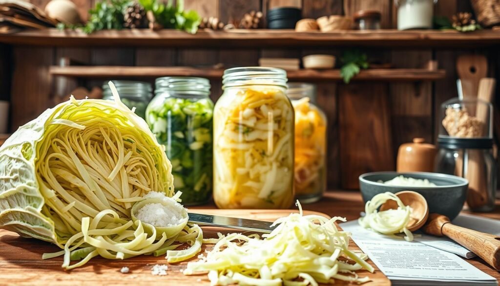 Artisanal sauerkraut process showcased with a close-up of fresh, vibrant cabbage being shredded in a rustic kitchen. Foreground features wooden cutting boards, a sharp knife, and a bowl of coarse sea salt, with delicate threads of cabbage on the side. In the middle, glass fermentation jars filled with sauerkraut at varying stages of fermentation, accentuated by natural light illuminating the bubbles and colors inside. Background features aged wooden shelves stocked with herbs and spices, evoking a cozy, homey atmosphere. Soft, warm lighting casts gentle shadows, enhancing the earthy tones of the scene. A handcrafted wooden spoon and a recipe notebook subtly placed nearby, conveying an inviting and artisanal vibe to the image.
