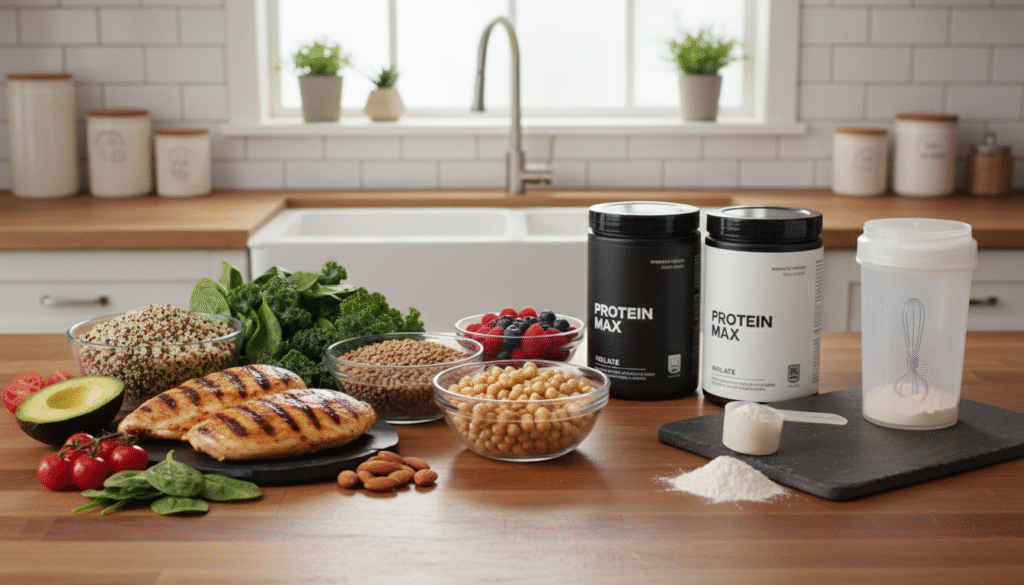 A vibrant, high-quality still life comparison of whole foods versus protein supplements, focusing on a high protein diet. In the foreground, display a colorful array of whole foods such as grilled chicken breasts, quinoa, lentils, chickpeas, almonds, and green leafy vegetables. In the middle ground, feature an assortment of protein powders in sleek containers alongside a shaker bottle, artistically arranged to contrast with the wholesome foods. The background showcases a clean kitchen setting, softly lit with natural light, emphasizing a fresh and healthy atmosphere. Use a slight angle from above to capture all elements harmoniously. The mood should reflect vitality and well-being, enticing viewers to consider their dietary options visually. A vibrant, high-quality still life comparison of whole foods versus protein supplements, focusing on a high protein diet. In the foreground, display a colorful array of whole foods such as grilled chicken breasts, quinoa, lentils, chickpeas, almonds, and green leafy vegetables. In the middle ground, feature an assortment of protein powders in sleek containers alongside a shaker bottle, artistically arranged to contrast with the wholesome foods. The background showcases a clean kitchen setting, softly lit with natural light, emphasizing a fresh and healthy atmosphere. Use a slight angle from above to capture all elements harmoniously. The mood should reflect vitality and well-being, enticing viewers to consider their dietary options visually.