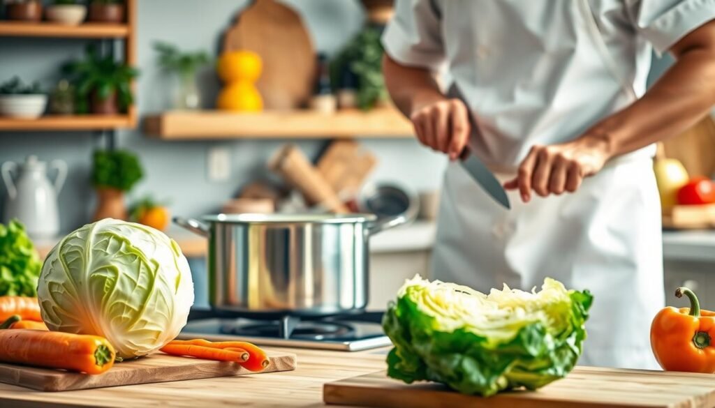 A vibrant kitchen scene showcasing the process of cooking cabbage for better digestive health. In the foreground, a large, fresh green cabbage sits on a wooden cutting board, surrounded by colorful vegetables like carrots and bell peppers. A chef, dressed in a neat white apron and casual attire, skillfully chops the cabbage with a sharp knife, exhibiting focused attention. In the middle, a pot simmering on the stove emits gentle steam, indicating it is filled with a healthy cabbage dish. The background features soft-focus kitchen shelves with herbs and spices, creating an inviting atmosphere. The lighting is warm and natural, coming from a nearby window, casting soft shadows and enhancing the vibrant colors of the ingredients, conveying a sense of freshness and health. A vibrant kitchen scene showcasing the process of cooking cabbage for better digestive health. In the foreground, a large, fresh green cabbage sits on a wooden cutting board, surrounded by colorful vegetables like carrots and bell peppers. A chef, dressed in a neat white apron and casual attire, skillfully chops the cabbage with a sharp knife, exhibiting focused attention. In the middle, a pot simmering on the stove emits gentle steam, indicating it is filled with a healthy cabbage dish. The background features soft-focus kitchen shelves with herbs and spices, creating an inviting atmosphere. The lighting is warm and natural, coming from a nearby window, casting soft shadows and enhancing the vibrant colors of the ingredients, conveying a sense of freshness and health.