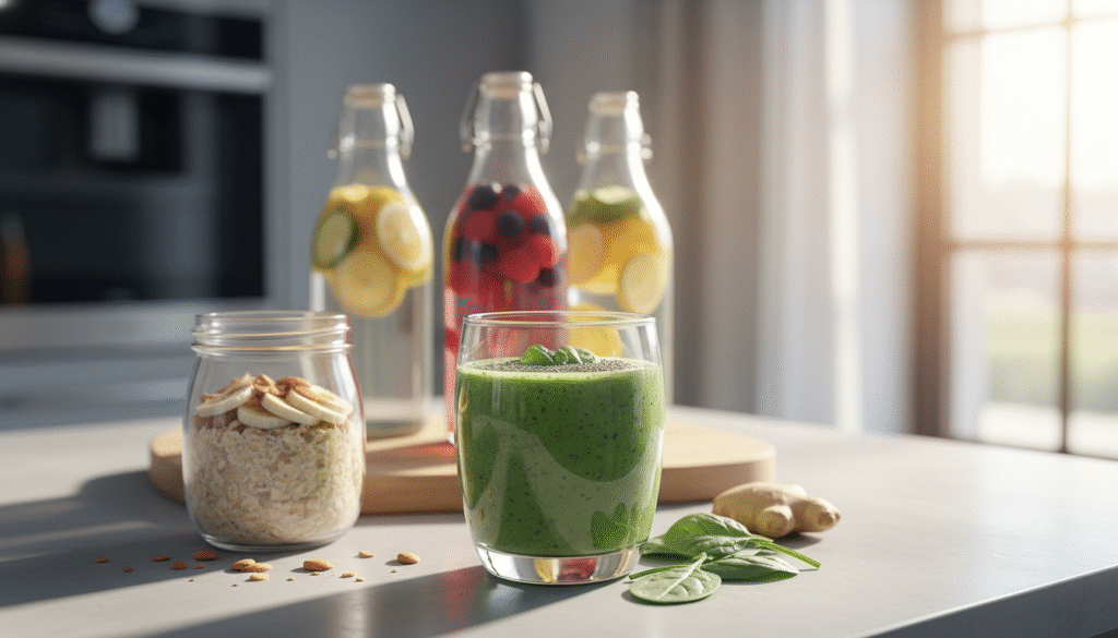 A vibrant still-life composition showcasing various beverages rich in soluble fiber, arranged artfully on a modern kitchen counter. In the foreground, a clear glass filled with a smoothie made from kale, spinach, and chia seeds is highlighted, its rich green color reflecting healthy vitality. To the left, a mason jar brims with overnight oats, topped with sliced bananas and almonds, exuding a sense of nutrition. In the background, soft-focus jars display vibrant fruit-infused waters, hinting at hydration and health. Natural sunlight streams through a window, casting warm, inviting light across the scene. The overall atmosphere is fresh, invigorating, and wellness-oriented, inspiring a sense of improved gut health through fiber-rich drinks. The angle captures the depth of the scene, inviting the viewer to explore each element.