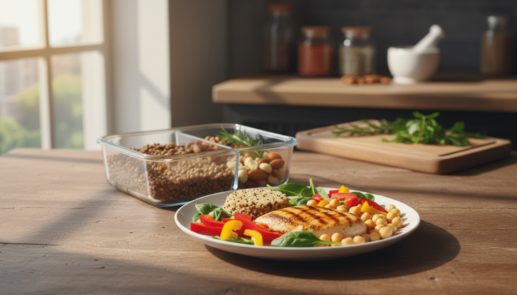 A visually appealing and inviting high protein meal planning scene set on a rustic wooden table. Foreground features a colorful assortment of high-protein foods: grilled chicken breast, quinoa, chickpeas, and an array of vibrant vegetables like spinach and bell peppers neatly arranged on a white plate. In the middle ground, a neatly organized meal prep container filled with cooked lentils, nuts, and fresh herbs showcases meal prepping essentials. In the background, soft-focus kitchen elements, such as a cutting board and spices, create a warm, homey atmosphere. Natural light streams through a window, casting soft shadows, enhancing the fresh appeal of the meal. Overall, the image conveys health, vitality, and the joy of nourishing food. A visually appealing and inviting high protein meal planning scene set on a rustic wooden table. Foreground features a colorful assortment of high-protein foods: grilled chicken breast, quinoa, chickpeas, and an array of vibrant vegetables like spinach and bell peppers neatly arranged on a white plate. In the middle ground, a neatly organized meal prep container filled with cooked lentils, nuts, and fresh herbs showcases meal prepping essentials. In the background, soft-focus kitchen elements, such as a cutting board and spices, create a warm, homey atmosphere. Natural light streams through a window, casting soft shadows, enhancing the fresh appeal of the meal. Overall, the image conveys health, vitality, and the joy of nourishing food.
