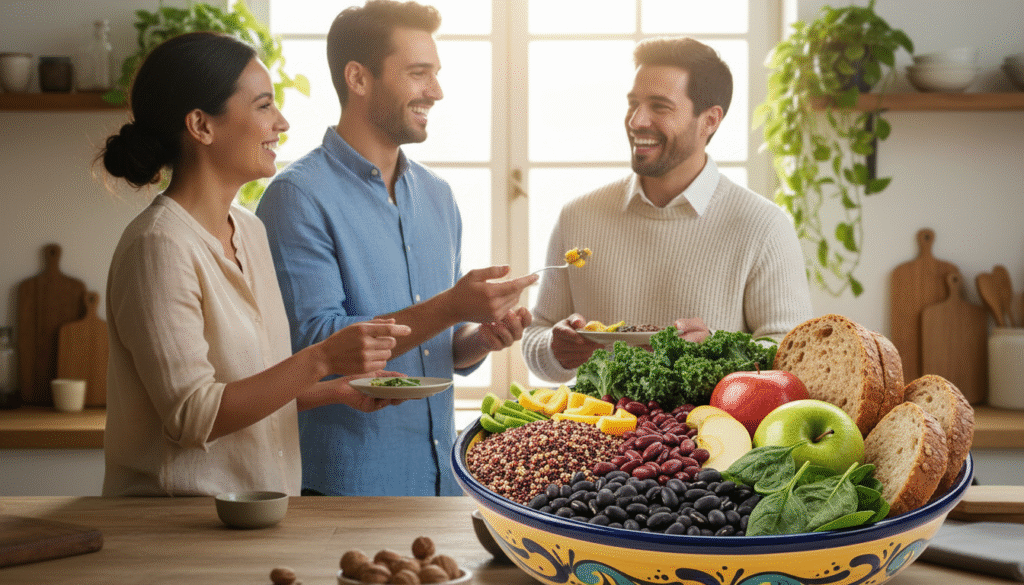 A visually engaging composition illustrating the benefits of a high-fiber diet for digestive wellness. In the foreground, a vibrant, colorful bowl filled with an assortment of high-fiber foods, such as quinoa, beans, leafy greens, apples, and whole grain bread. In the middle ground, a diverse group of three individuals, dressed in smart casual clothing, smiling and engaging in conversation about nutrition while pointing at the bowl. In the background, a soft-focus kitchen setting bathed in warm, natural light, with bright green plants and wooden elements that evoke a sense of health and warmth. The atmosphere is cheerful and inviting, conveying a sense of community and the wholesome joy of healthy eating.