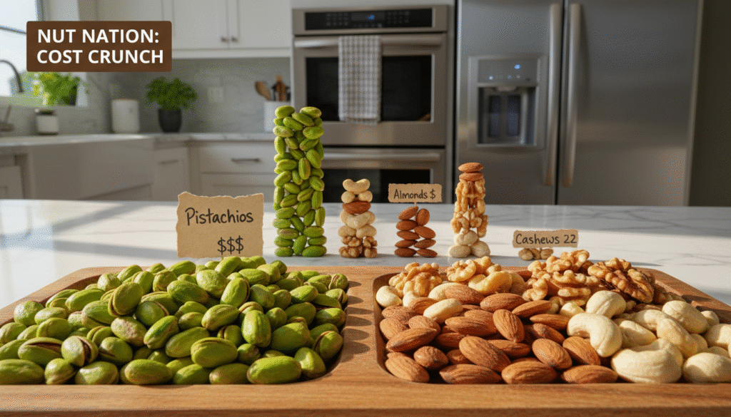 A detailed cost comparison guide between pistachios and various nuts. In the foreground, display an elegant, divided wooden platter with vibrant green pistachios on one side and an assortment of other nuts, including almonds, walnuts, and cashews, on the other. Use natural sunlight to illuminate the scene, casting soft shadows and enhancing the textures of the nuts. In the middle ground, include a stylish graph or chart subtly represented through natural elements, like scattered nuts indicating price points and accessibility. For the background, feature a clean kitchen setting with modern appliances, emphasizing a cozy and inviting atmosphere. The overall mood should be informative yet engaging, appealing to snack enthusiasts interested in cost analysis. A detailed cost comparison guide between pistachios and various nuts. In the foreground, display an elegant, divided wooden platter with vibrant green pistachios on one side and an assortment of other nuts, including almonds, walnuts, and cashews, on the other. Use natural sunlight to illuminate the scene, casting soft shadows and enhancing the textures of the nuts. In the middle ground, include a stylish graph or chart subtly represented through natural elements, like scattered nuts indicating price points and accessibility. For the background, feature a clean kitchen setting with modern appliances, emphasizing a cozy and inviting atmosphere. The overall mood should be informative yet engaging, appealing to snack enthusiasts interested in cost analysis.