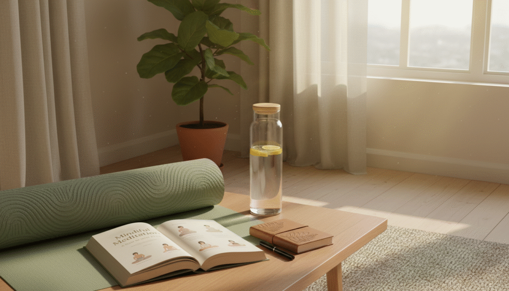 A serene wellness corner showcasing mindful fitness resources. In the foreground, a wooden table adorned with a variety of materials: a smooth yoga mat rolled out, an open book on meditation techniques, and a journal with a pen resting beside it. In the middle, a calming indoor plant and a water bottle made of glass, reflecting soft natural light. The background features a bright window allowing golden sunlight to filter in, illuminating the space with a warm glow. Soft textures and earthy colors create a peaceful atmosphere, inviting contemplation and focus. The scene is captured from a slightly elevated angle, emphasizing the arrangement of resources, evoking a sense of tranquility and motivation for a mindful fitness journey.