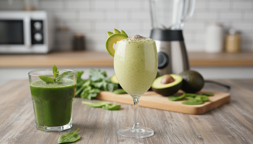 A close-up arrangement of vibrant, nutrient-dense beverages featuring avocados in various forms. The foreground showcases a tall, elegant glass filled with a creamy avocado smoothie, topped with a sprinkle of chia seeds and a slice of fresh avocado on the rim. Beside it, a smaller glass holds a bright green avocado and spinach juice, garnished with a sprig of mint. In the middle background, a rustic wooden table displays ripe avocados and fresh greens, along with a cutting board and a blender. Soft, natural light filters in, casting gentle shadows, while a blurred kitchen setting creates a warm, inviting atmosphere. The mood is vibrant and healthy, ideal for showcasing the energizing benefits of avocado-infused beverages.