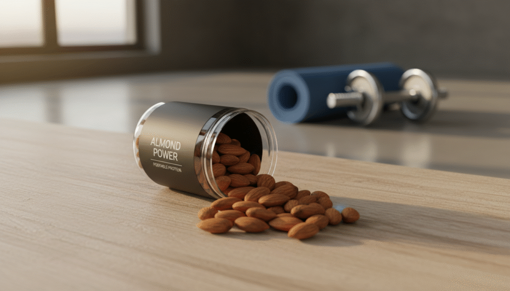 A stylish and modern portable protein snack featuring a vibrant assortment of almonds displayed attractively on a wooden table. In the foreground, a clear, transparent protein snack container is open, showcasing a variety of fresh, whole almonds spilling slightly out, emphasizing their natural texture and shine. In the middle ground, a fitness-themed backdrop is softly blurred, including a yoga mat and dumbbells to evoke an active lifestyle. The lighting is warm and inviting, casting gentle shadows and highlighting the rich browns and creams of the almonds. The atmosphere conveys a sense of health and vitality, perfect for fitness enthusiasts looking for nutritious snacking options, captured in a visually appealing and realistic style.