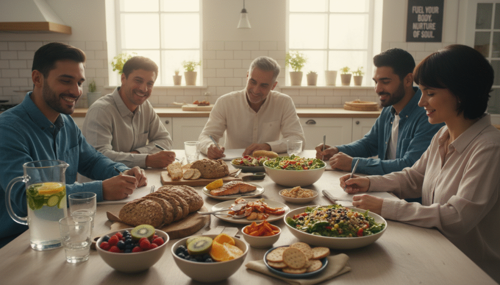 A vibrant and engaging scene depicting a diverse table filled with healthy foods and hydration options, emphasizing balanced nutrition choices. In the foreground, a colorful array of fruits, vegetables, whole grains, and lean proteins, beautifully arranged on stylish plates. To one side, a pitcher of infused water with citrus and herbs, accompanied by glasses. In the middle ground, a group of diverse individuals in modest casual clothing engaging in conversation while filling out nutrition goals on a notepad. The background features a bright kitchen with soft, natural lighting filtering through a window, creating a warm and inviting atmosphere. The overall mood is uplifting and motivating, reflecting a sense of community focused on health and well-being.