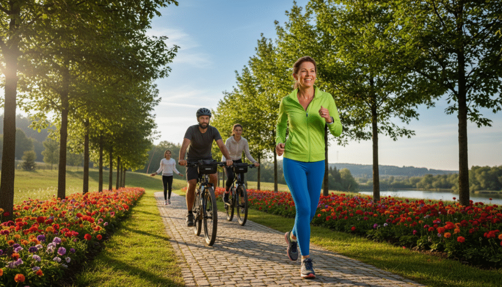A vibrant outdoor scene showcasing a diverse group of individuals engaged in various cardiovascular exercises, such as jogging, cycling, and jumping rope. In the foreground, a middle-aged woman in comfortable athletic wear smiles while jogging along a sunlit path. In the middle, a man and a young adult woman are energetically cycling on nearby bicycles, surrounded by lush green trees and colorful flowers. The background features a clear blue sky, and soft afternoon sunlight casts gentle shadows, enhancing the lively atmosphere. The composition has a shallow depth of field, focusing on the exercise participants while softly blurring the background. The mood is uplifting and motivational, illustrating the joy and commitment to daily wellness routines through cardiovascular fitness challenges.