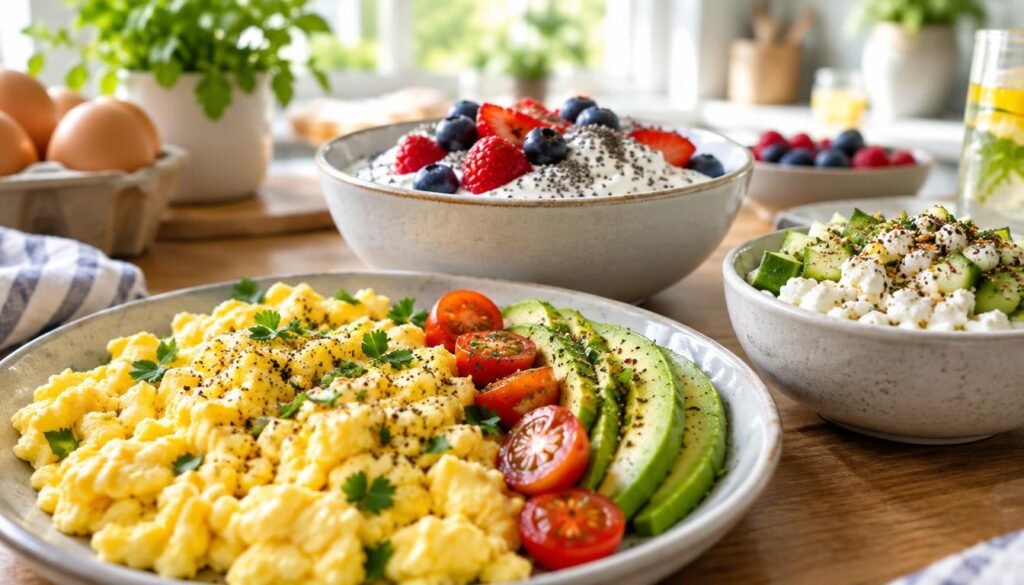 A beautifully arranged blood sugar-friendly breakfast spread featuring a variety of high-protein dishes prominently featuring eggs. In the foreground, a plate of fluffy scrambled eggs garnished with fresh herbs, alongside a serving of sliced avocado and cherry tomatoes. In the middle, a bowl of Greek yogurt topped with berries and a sprinkle of chia seeds. Include a small dish of cottage cheese with diced cucumber and spices. The background should softly blur, showcasing a bright, airy kitchen setting with natural light streaming through a window, creating a warm and inviting atmosphere. The lens should be set to capture a close-up angle, highlighting the textures and vibrant colors of the food, evoking a sense of healthiness and vitality.