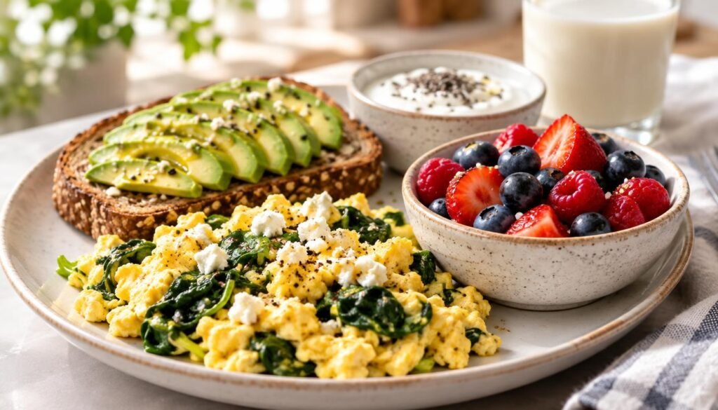 A beautifully arranged plate showcasing a balanced breakfast ideal for stable blood sugar levels. In the foreground, highlight a delicious serving of scrambled eggs with fresh spinach and a sprinkle of feta cheese, alongside a bowl of mixed berries (blueberries, strawberries, and raspberries) rich in fiber. The middle layer includes whole grain toast topped with sliced avocado and a drizzle of olive oil, garnished with sesame seeds for healthy fats. In the background, a glass of almond milk and a small bowl of Greek yogurt with chia seeds adds to the nutritious theme. Soft, diffused morning light bathes the scene, creating a warm and inviting atmosphere, with a shallow depth of field focusing on the vibrant colors and textures of the food.