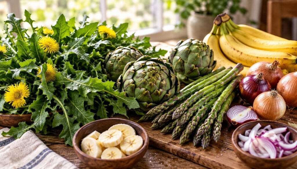 A beautifully arranged selection of colorful prebiotic foods on a rustic wooden table, highlighting items such as fresh dandelion greens, artichokes, asparagus, bananas, and onions. The composition features a close-up of the food, presenting vibrant colors and textures, with droplets of water glistening on the veggies to signify freshness. In the background, soft, natural lighting filters through a window, creating a warm and inviting atmosphere. The image is captured from a slightly elevated angle, emphasizing the variety and health benefits of the foods while maintaining a clean and organized look. The mood is wholesome and nourishing, perfect for illustrating the importance of gut health. The scene is free of any text or branding, focusing solely on the natural beauty of the prebiotic ingredients. A beautifully arranged selection of colorful prebiotic foods on a rustic wooden table, highlighting items such as fresh dandelion greens, artichokes, asparagus, bananas, and onions. The composition features a close-up of the food, presenting vibrant colors and textures, with droplets of water glistening on the veggies to signify freshness. In the background, soft, natural lighting filters through a window, creating a warm and inviting atmosphere. The image is captured from a slightly elevated angle, emphasizing the variety and health benefits of the foods while maintaining a clean and organized look. The mood is wholesome and nourishing, perfect for illustrating the importance of gut health. The scene is free of any text or branding, focusing solely on the natural beauty of the prebiotic ingredients.