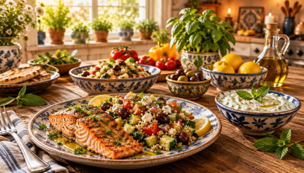 A beautifully arranged table showcasing easy Mediterranean-inspired anti-inflammatory meals. In the foreground, a vibrant plate with grilled salmon garnished with fresh herbs, a side of quinoa salad with diced tomatoes, cucumbers, and olives, drizzled with olive oil. Next to it, a small bowl of tzatziki sauce with sprigs of mint. The middle ground features a rustic wooden table set with colorful ceramic dishes and vibrant produce like bell peppers, lemons, and fresh basil. The background shows a softly lit kitchen with potted herbs on a window sill, warm golden light filtering through, creating an inviting and cozy atmosphere. The scene conveys health, warmth, and culinary delight, perfect for quick, wholesome dinners.