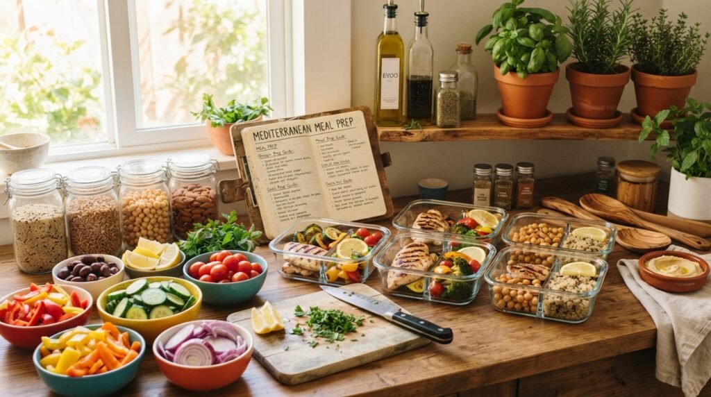 A bright and organized Mediterranean meal prep station, showcasing a wooden table filled with fresh ingredients for healthy recipes. In the foreground, colorful bowls of chopped vegetables like bell peppers, cucumbers, and cherry tomatoes, alongside vibrant fruits such as lemons and olives. A neatly arranged selection of grains like quinoa and farro, with small containers of spices and herbs nearby. In the middle, a meal prep guide lays open next to neatly portioned meal containers featuring grilled chicken, roasted vegetables, and chickpeas. The background includes shelves adorned with olive oil bottles and fresh herbs in pots. Soft, natural light streams in from a nearby window, creating a warm, inviting atmosphere, perfect for a heart-healthy meal planning session.