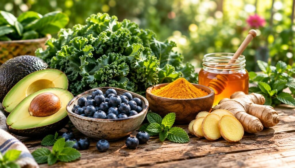 A vibrant, visually appealing arrangement of anti-inflammatory foods on a rustic wooden table. In the foreground, showcase a colorful array of fresh fruits and vegetables: ripe avocados, vibrant blueberries, leafy kale, and sliced ginger root. In the middle ground, include a small bowl of turmeric powder, a jar of honey, and a few sprigs of fresh mint for garnish. The background consists of soft, blurred greenery, suggesting a garden setting. Natural sunlight filters through the scene, casting gentle shadows, creating a warm and inviting atmosphere. Use a medium depth of field to focus on the food while still hinting at the lush environment. The image should evoke a sense of health, vitality, and nourishment, perfect for promoting gut health and digestion. A vibrant, visually appealing arrangement of anti-inflammatory foods on a rustic wooden table. In the foreground, showcase a colorful array of fresh fruits and vegetables: ripe avocados, vibrant blueberries, leafy kale, and sliced ginger root. In the middle ground, include a small bowl of turmeric powder, a jar of honey, and a few sprigs of fresh mint for garnish. The background consists of soft, blurred greenery, suggesting a garden setting. Natural sunlight filters through the scene, casting gentle shadows, creating a warm and inviting atmosphere. Use a medium depth of field to focus on the food while still hinting at the lush environment. The image should evoke a sense of health, vitality, and nourishment, perfect for promoting gut health and digestion.